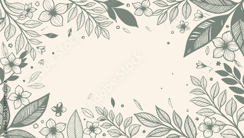 Elegant floral border with leaves and flowers on cream background