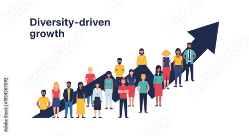 Diversity-Driven Growth Concept: Diverse Business Team Standing on Upward Progress Arrow, Symbolizing Inclusion and Success