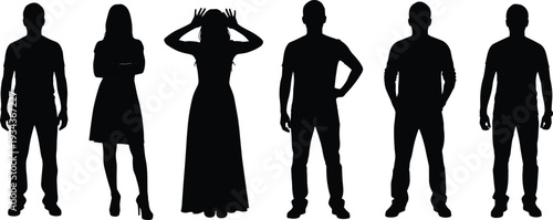 Set of standing people silhouettes, men and woman full body black figures isolated on white background, vector illustration collection