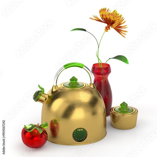 Modern Golden Kettle with Green Accents and Still Life Objects