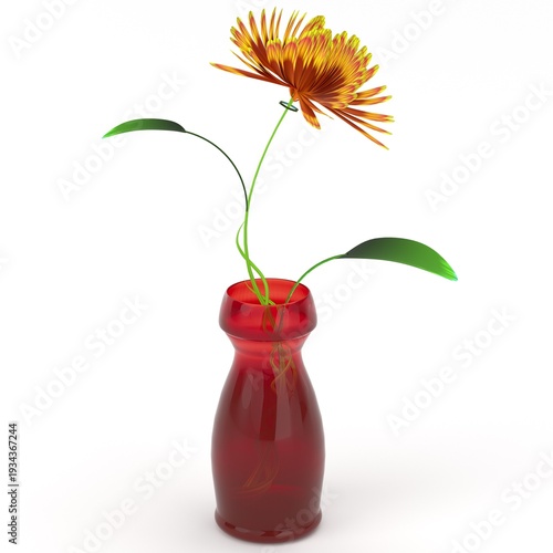 3D Rendered Orange Flower in Red Vase on white background