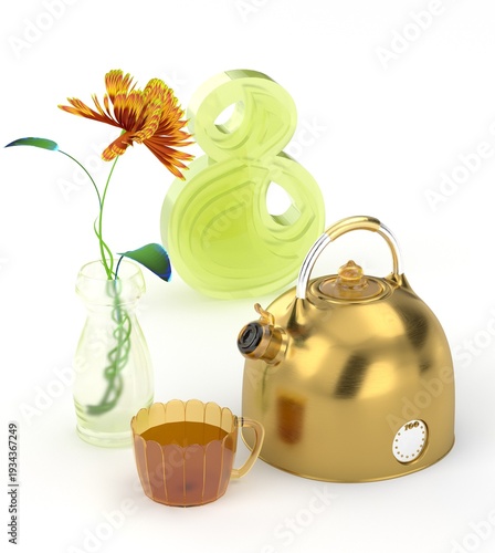 Golden kettle, glass vase, orange flower, translucent decor, amber cup
