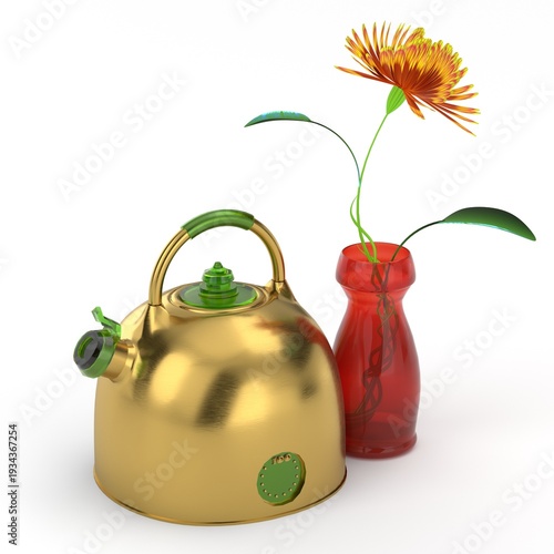 Golden Kettle and Flower in Red Vase