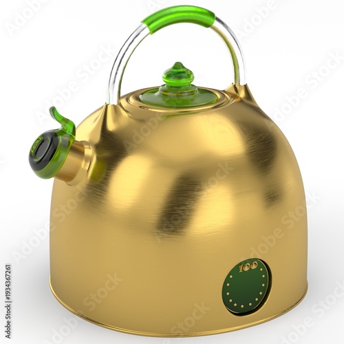 3D Render of a Golden Kettle with Green Accents