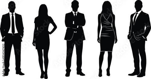 Silhouettes of Diverse Business Professionals Standing in Formal Attire Isolated on White Background, Corporate Team Concept Illustration Leadership and Partnership Theme