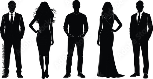 Stylish men and women silhouettes in formal and casual outfits, elegant black full body figures isolated on white background vector set