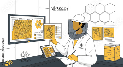 Beekeeper Analyzing Data on Computer Screen with Honeycomb Graphics