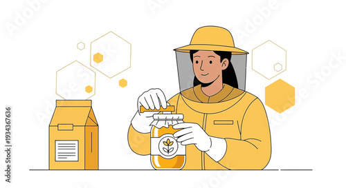 Beekeeper Harvesting Honey from Jar, Yellow Protective Suit, Honeycomb Graphics