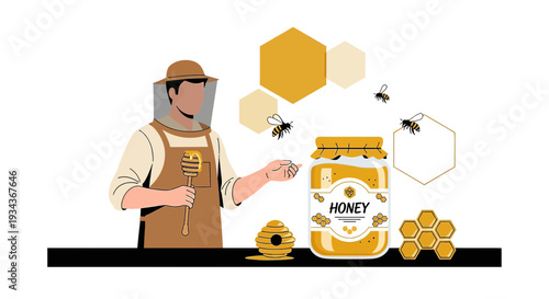Beekeeper and Honey Jar with Bees and Honeycombs - Flat Design Illustration