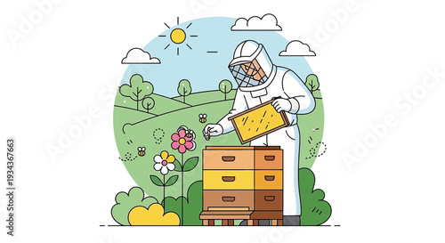 Beekeeper in protective suit tending to beehive in a sunny meadow with flowers