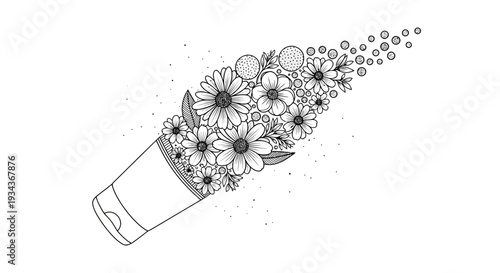 Black and White Illustration of Flowers Overflowing from a Tube