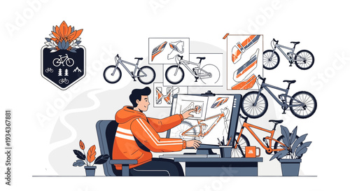 Bike Designer Working on Computer, Sketching Bicycle Concepts and Prototypes