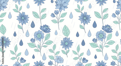 Blue Floral Pattern with Raindrops - Seamless Watercolor Vector Background