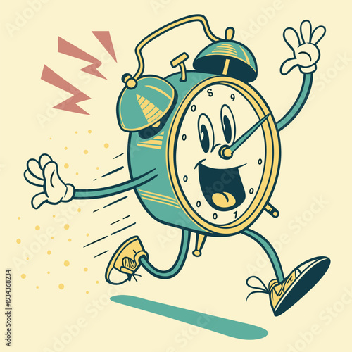 Energetic retro alarm clock character with happy face running to show time urgency