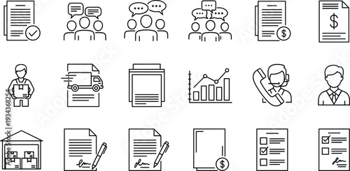 Business and communication icon set with documents, charts, delivery, warehouse, checklist, phone call, and people, minimal black line art design for office, logistics, and financial concepts