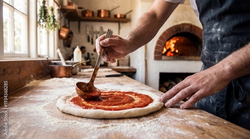 Crafting Culinary Creations: A culinary artisan meticulously spreads a rich tomato sauce across a fresh pizza base, setting the stage for a delightful baked masterpiece. 