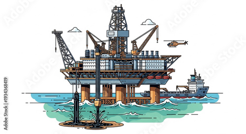 Offshore oil rig platform in the ocean with helicopter and ship.