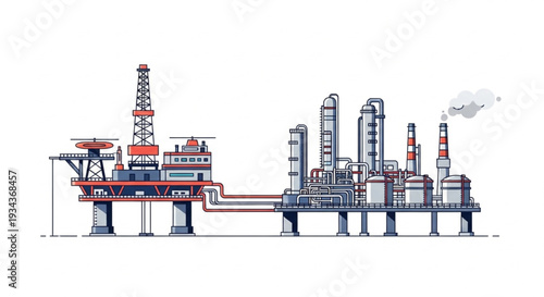 Offshore oil rig and refinery complex illustration.