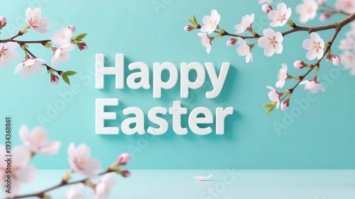 Happy Easter 3D Text with Cherry Blossom Branches on Teal Background