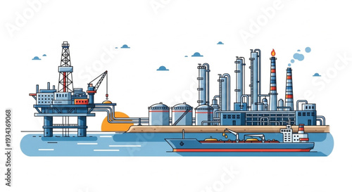 Offshore oil rig and refinery complex with tanker ship.