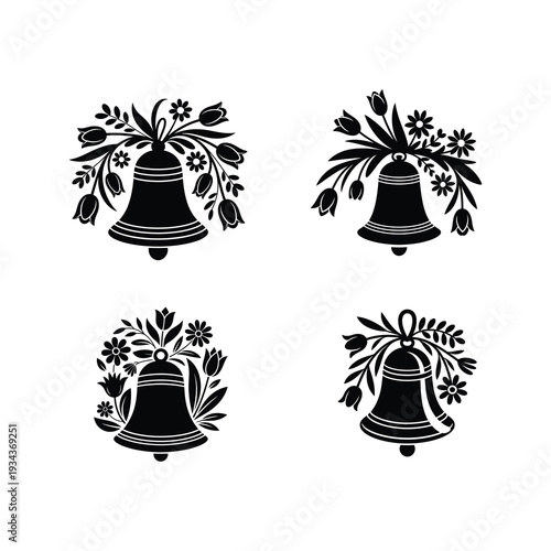 Four decorative bell by spring flowers, such as tulips, daisies on white background. 