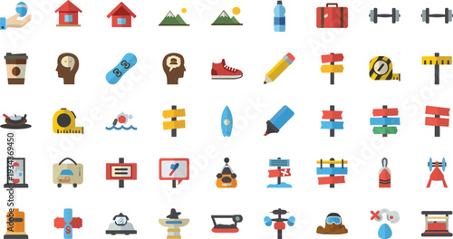 Travel Adventure and Outdoor Activity Icon Set with Mountain Signs Backpack Dumbbells Water Bottle and Navigation Elements Flat Vector Collection.