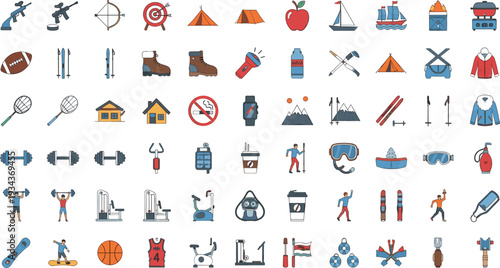 Outdoor Sports and Winter Activity Icon Set with Skiing Camping Dumbbells Football Hiking Gear and Adventure Equipment Flat Vector Collection.
