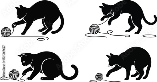 Black animal silhouettes set featuring cute cats  in simple vector style