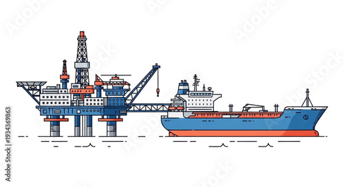 Offshore oil rig and tanker ship illustration.