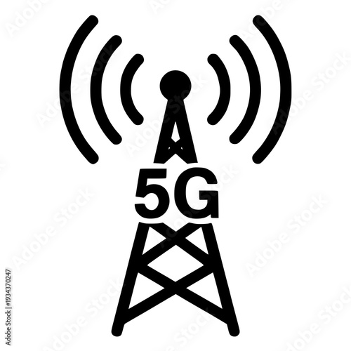 Modern illustration of a cell tower broadcasting fifth generation wireless network signals