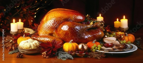 Perfectly Roasted Golden Turkey, Glistening on a Festive Autumnal Table with Warm Candlelight and Harvest Decor