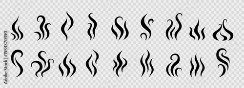 Smoke steam of coffee with smell line icon set. Hand drawn scent stream and wavy aroma doodle lines. Sketch hot vapor steam with smell and cooking fragrance.