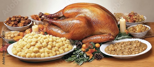 Festive Thanksgiving Feast: Golden Turkey and Abundant Side Dishes Display