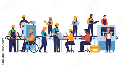 Diverse and Inclusive Factory Team Working on Assembly Line, Modern Manufacturing Process, Quality Control, and Efficient Production.