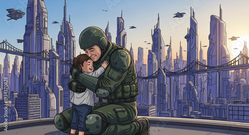 Soldier embracing a child with a futuristic metropolis in the background — a vector illustration.