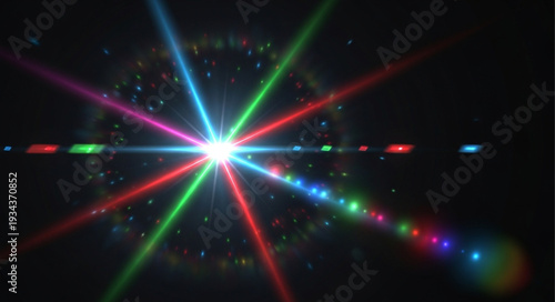 Bright Starburst of Colorful Light Rays and Lens Flare.