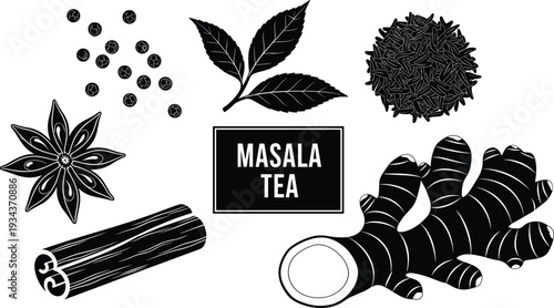 Collection of black Masala Tea ingredient illustrations featuring ginger root cinnamon stick star anise tea leaves and peppercorns for design