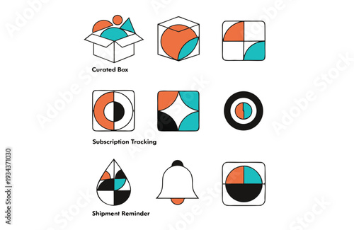 A grid of abstract geometric in orange teal and black on a white background representing curated box subscription tracking and