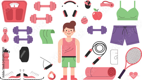 Home Fitness and Workout Equipment Icon Set with Dumbbells Scale Jump Rope Sportswear and Healthy Lifestyle Elements Flat Vector Collection.