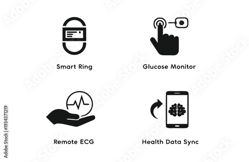 Health technology for smart ring glucose monitor remote ECG and health data sync in black silhouette