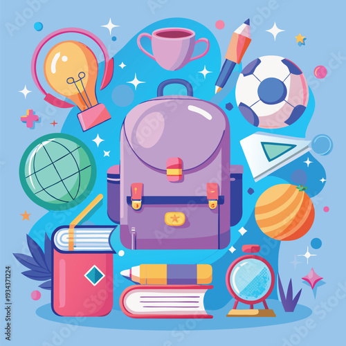 Vibrant collection of essential school supplies and learning objects for educational success