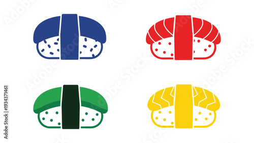 Four stylized sushi rolls with distinct colored toppings and rice.