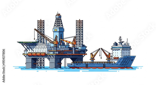 Offshore oil rig platform and supply vessel illustration.
