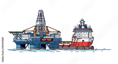 Offshore oil rig platform and support vessel illustration.