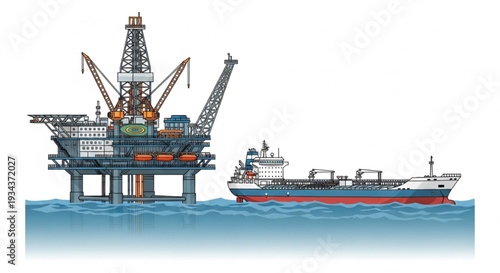 Offshore oil rig platform and tanker ship illustration.