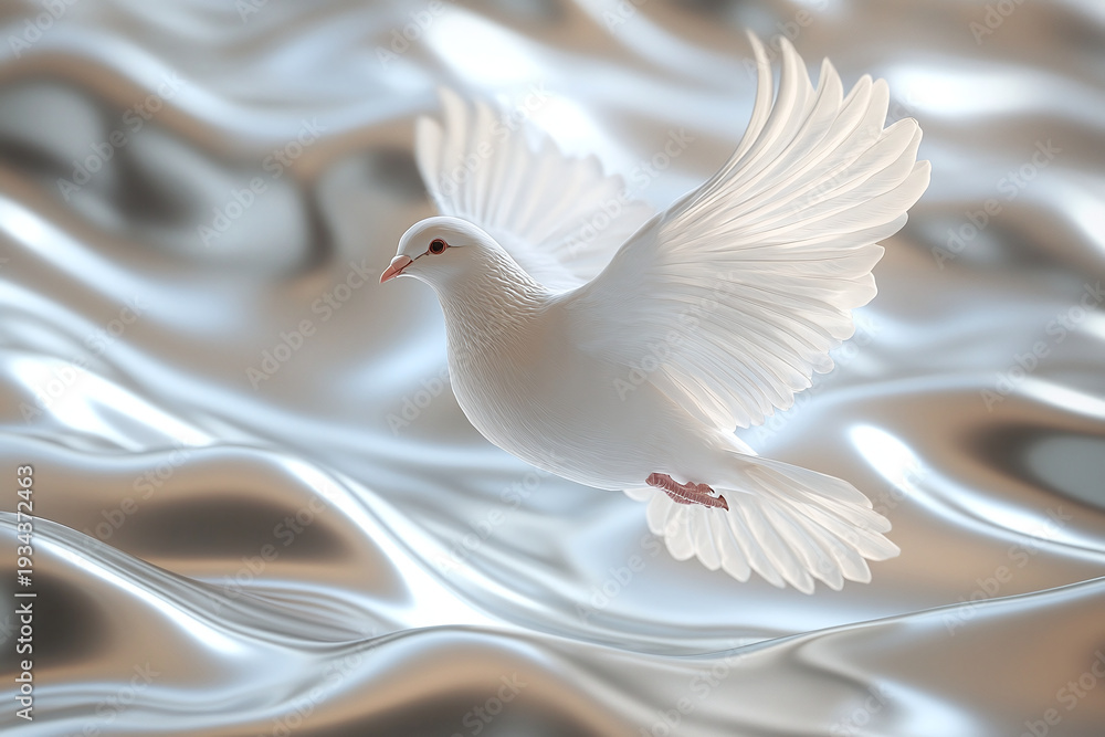Obraz premium White dove in flight above soft flowing silk fabric. Peace symbol and purity concept.