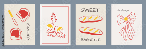 Hand drawn la dolce vita doodles. Wall art with bread and baguette icon. Minimalist line art. Set of mediterranean vector illustration for invitations, stationery, printables, social media, poster.