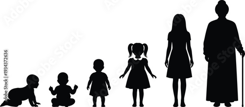 Collection of black silhouettes featuring stages of female aging from infant and toddler to child teenager adult and elderly woman