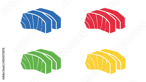 Four color-coded stacks of folded fabric or paper shapes arranged in a grid