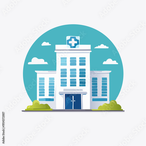 Modern architectural illustration of a healthcare facility, a hospital building designed for medical services and patient care in flat style
